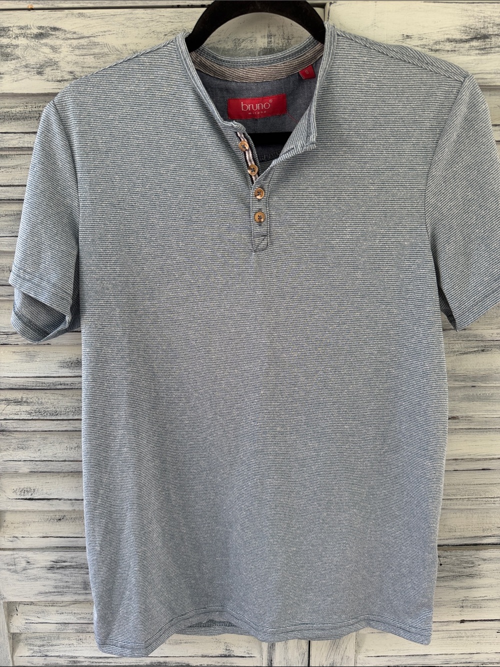 Bruno Milano Men's Short Sleeve Henley Shirt in Stripe Light Blue Size S